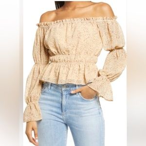 Wayf Portola Off The Shoulder Top Tan Cheetah Size XS